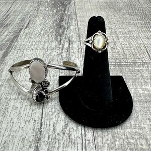 Hopi Hubert Yowytewa Sterling Silver MOP Onyx Cuff Bracelet Ring Set VTG Sz 4